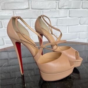 Christian Louboutin Leather Cross Strap Elegant Nude Peep-Toe Heels